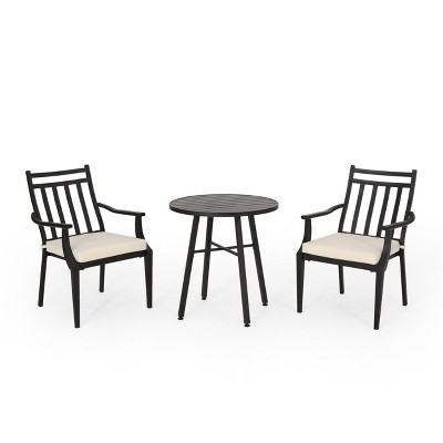 GDFStudio Brandywine Outdoor 3 Piece Bistro Set with Cushion, Matte Black/Beige