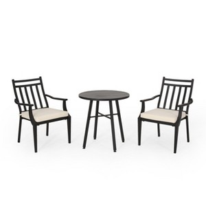 GDFStudio Brandywine Outdoor 3 Piece Bistro Set with Cushion, Matte Black/Beige - 1 of 4
