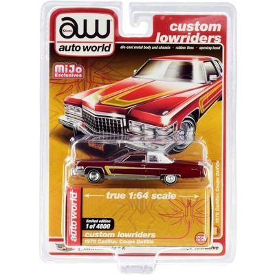 1976 Cadillac Coupe DeVille Burgundy and White with Chrome Wheels "Custom Lowriders" Limited Edition to 4800 pcs 1/64 Diecast Model Car by Autoworld