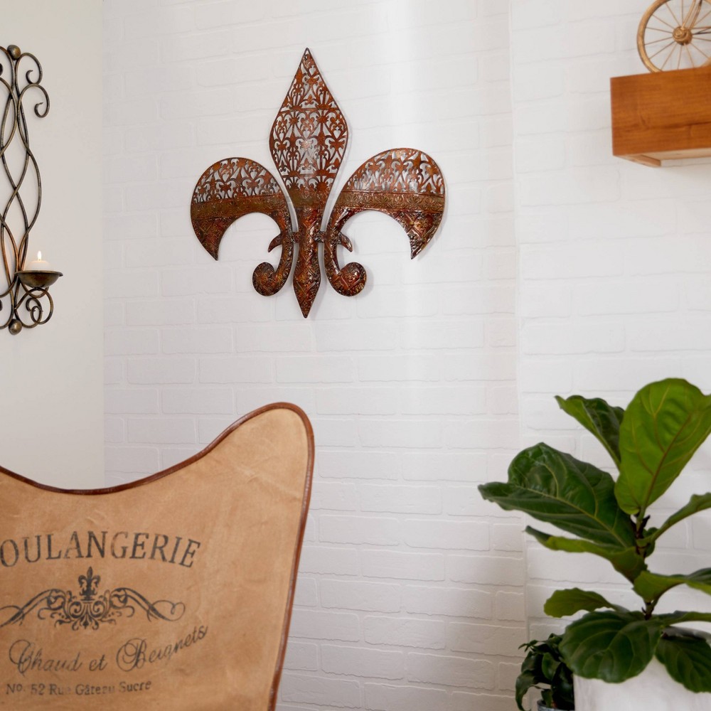 Photos - Wallpaper Metal Fleur De Lis Wall Decor with Perforated Details Brown - Olivia & May