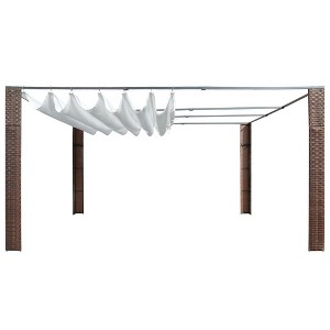 vidaXL Outdoor Poly Rattan Gazebo Pavilion with Sliding Roof, 157.4"x157.4"x78.7", Sturdy Powder-Coated Steel Frames, Water Resistant, Brown and Cream - 1 of 4