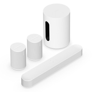 Sonos Wireless Home Theater Set with Beam Soundbar (Gen 2), Sub Mini, and 2 Era 100 Smart Speakers (White) - 1 of 4