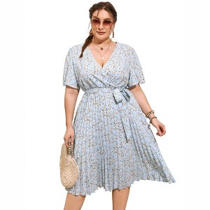 Plus Size Women's Pleated Midi Dress with Belt Flowy Casual Elegant Knee Length Dress for Work Summer - 1 of 4