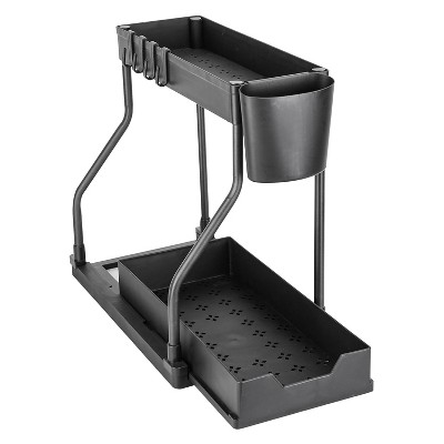 NewHome"2-Pack 2-Tier Under Sink Organizer with L-Shape Sliding Shelves, Hooks & Hanging Cups for Storage"Black