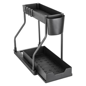 NewHome"2-Pack 2-Tier Under Sink Organizer with L-Shape Sliding Shelves, Hooks & Hanging Cups for Storage"Black - 1 of 4