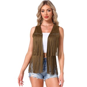 INSPIRE CHIC Women's 70s Western Open Front Faux Suede Fringe Vest - 1 of 4
