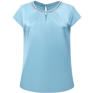 INSPIRE CHIC Women's Satin Keyhole Cap Sleeve Sparkly Chain Neck Rhinestone Blouse - 1 of 4