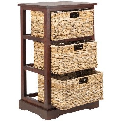 Transitional Brown Pine Wood Side Table with 3 Rattan Drawers