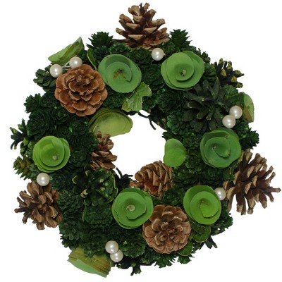 Northlight 11" Unlit Green Mini Pine Cone and Wooden Rose Artificial Christmas Wreath