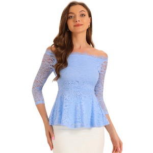 Allegra K Women's Elegant Lace Floral Semi Sheer 3/4 Sleeve Off Shoulder Peplum Top - 1 of 4