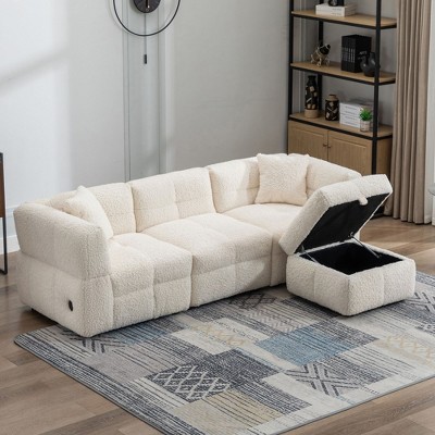 NicBex Couches for Living Room 87.7" Sectional Sofa Teddy Fleece Fabric Comfy Sofa with charging ports and  a Movable Storage Ottoman