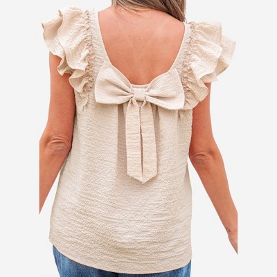 Amaryllis Women’s Ruffle Sleeve Back Bow Textured Woven Top Square Neckline Feminine Fit Soft Lightweight Blouse