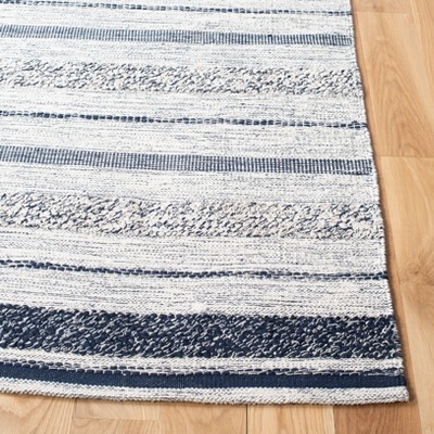 Ivory and Navy Striped Kilim 4' x 6' Wool Cotton Area Rug