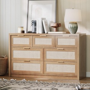 53" Rattan Dresser for Bedroom - 7-Drawer Boho Chest of Drawers, Large Storage Cabinet for Clothes, TV Stand for Living Room, Wood Accent Furniture - 1 of 4
