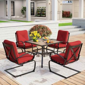 Captiva Designs 5pc Outdoor Patio Dining Set with Square Faux Wood Table with Umbrella Hole & 4 Metal Spring Motion Chairs
