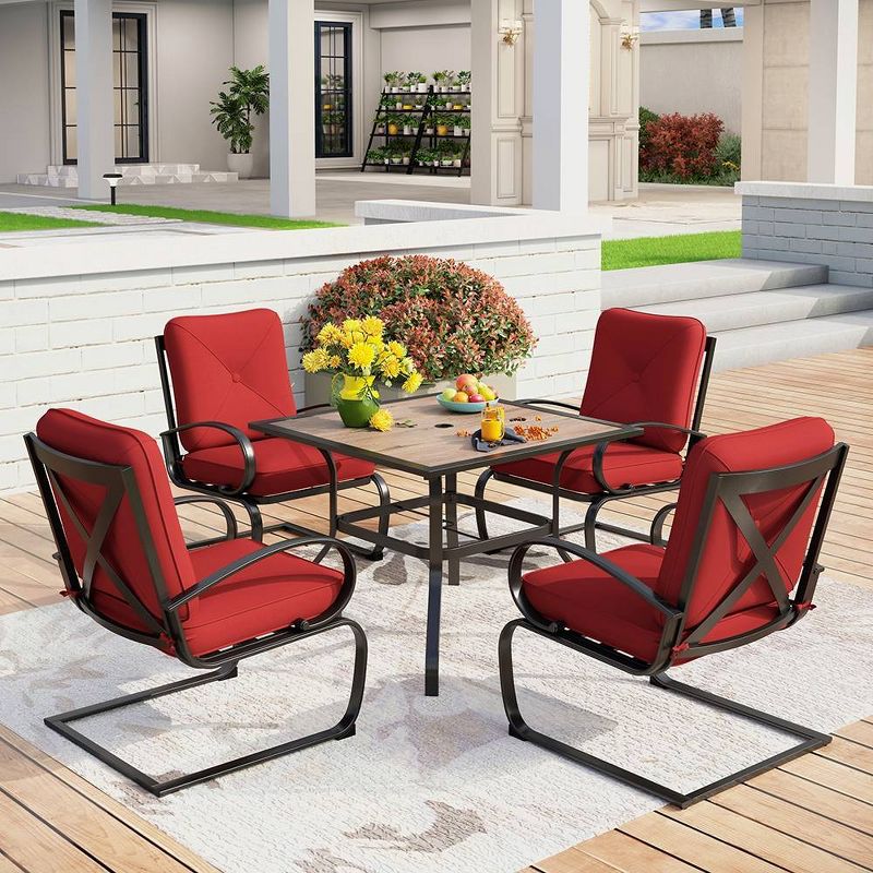 Captiva Designs 5pc Outdoor Patio Dining Set with Square Faux Wood Table with Umbrella Hole & 4 Metal Spring Motion Chairs, 1 of 10