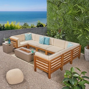 GDFStudio Cascada Outdoor Acacia Wood 8 Seater Sectional Sofa Set with Fire Pit - 1 of 4