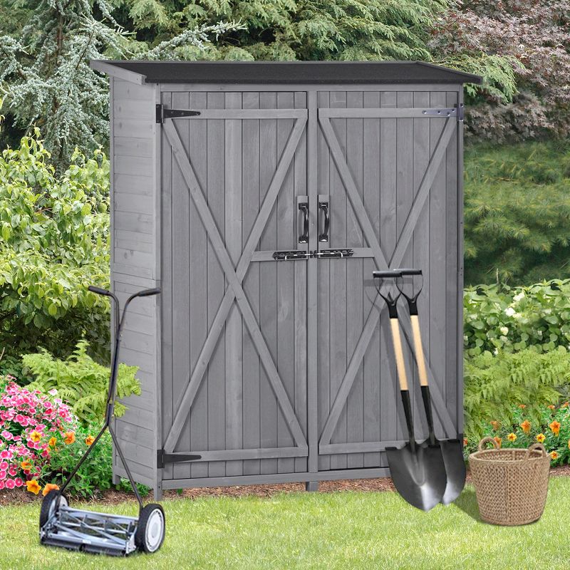 Patio 5.3ft x4.6ft Wood Storage Shed, Tool Storage Cabinet with Waterproof Asphalt Roof, Double Lockable Doors and 3-tier Shelves-ModernLuxe, 1 of 13