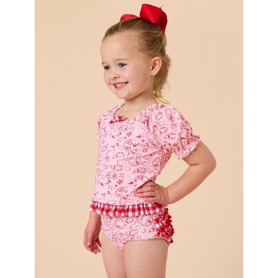RuffleButts Girls UPF50+ Puff Sleeve Ruffle Tankini 2-Piece Swimsuit - Pink Bandana, 10 — фото 4