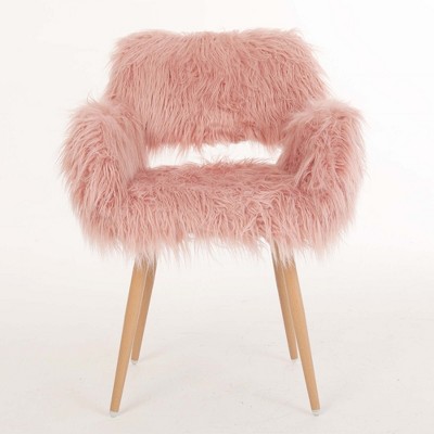 Vynxaria Pink Faux Fur Accent Chairs - Upholstered Dining and Makeup Chair with Beech Metal Legs