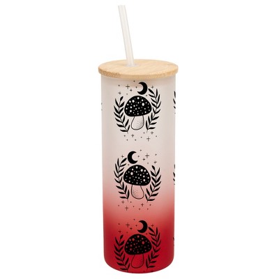 Elanze Designs Woodland Moonlit Mushroom Flowers Wrap-Around Design 25 Ounce Frosted Gradient Glass On-The-Go Coffee Travel Skinny Tumbler Mug Cup,