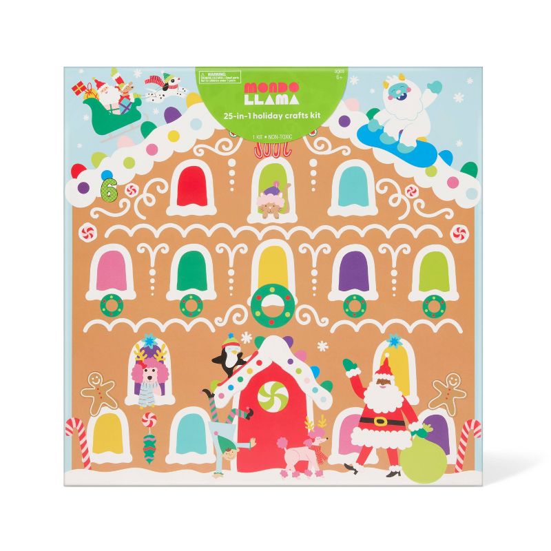 Holiday crafts kit featuring a gingerbread house design with colorful windows, Santa, and festive decorations.