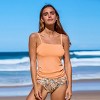 Women's Pale Orange Ruched Drawstring Tankini Top & Floral Pattern High-Rise Bottoms Set - 3 of 4