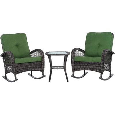 Teal Island Designs Madden 3 Piece Green and Rattan Outdoor Rocking Chair Set With Coffee Table