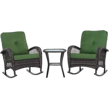 Teal Island Designs Madden 3 Piece Green and Rattan Outdoor Rocking Chair Set With Coffee Table