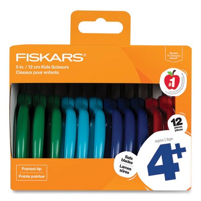 Fiskars Kids Scissors, Pointed Tip, 5" Long, 1.75" Cut Length, Straight Handles, Assorted Colors, 12/Pack