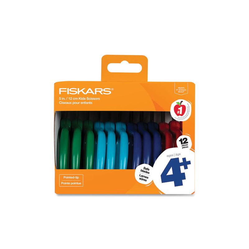 Fiskars Kids Scissors, Pointed Tip, 5" Long, 1.75" Cut Length, Straight Handles, Assorted Colors, 12/Pack, 1 of 8