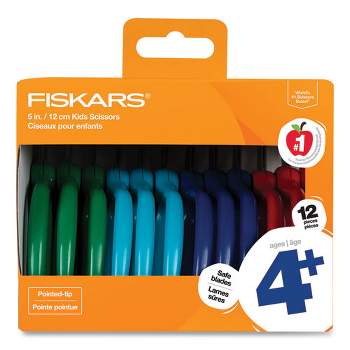 Fiskars Kids Scissors, Pointed Tip, 5" Long, 1.75" Cut Length, Straight Handles, Assorted Colors, 12/Pack