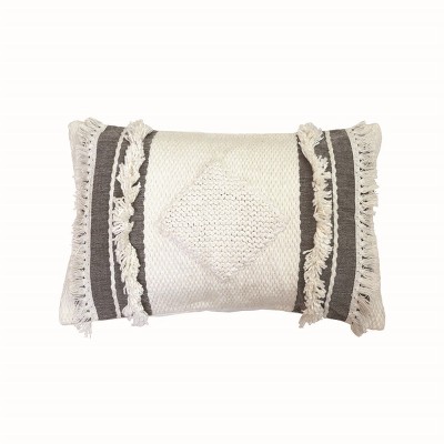 White and Gray 14 x 22 inch Decorative Cotton Throw Pillow Cover with Insert and Hand Tied Fringe - Foreside Home & Garden