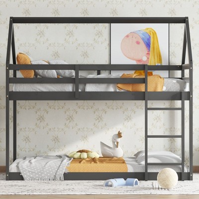 NicBex Twin Over Twin Rubber Wood Bunk Bed with Ladder,House-Shaped Loft Bed with Safety Guardrails for Bedroom,Black/Brown/Pink