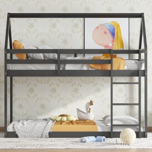 NicBex Twin Over Twin Rubber Wood Bunk Bed with Ladder,House-Shaped Loft Bed with Safety Guardrails for Bedroom,Black/Brown/Pink - 1 of 4