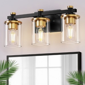 DORESshop20 in. 3-Light Black and Gold Bathroom Vanity Light with Clear Glass Shades for Mirror and Vanity (Bulbs Not Included) - 1 of 4