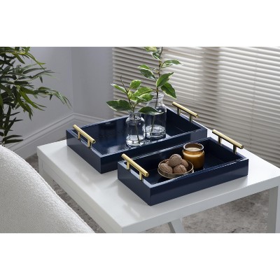 Navy Blue and Gold Rectangular Wood Tray Set with Metal Handles