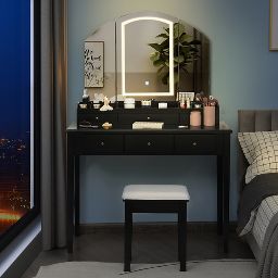 Costway Vanity Table Stool Set Large Tri-folding Lighted Mirror 6 Drawer Dresser White\Black