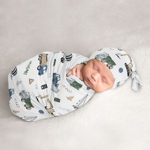 Sweet Jojo Designs Boy Baby Cocoon and Beanie Hat Swaddle Wrap Construction Truck Green Blue and White 2pc - 1 of 4