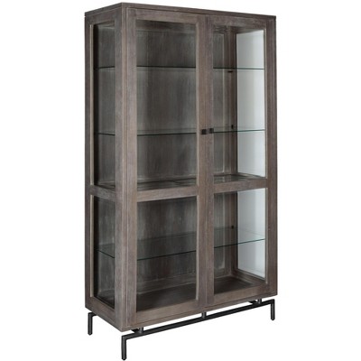 Gray Wood and Glass Display Cabinet with Metal Base