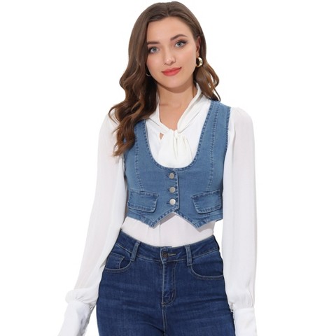 Allegra K Women's Denim Button Up Sleeveless Crop Jean Vest Waistcoat Light Blue Large