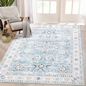 Vintage Rug Machine Washable Rustic Floral Rug Non Slip Traditional Distressed Carpet Soft Low Pile Farmhouse Oriental Design Floor Carpet - 1 of 4