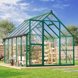 GustoWave 8 x 10 ft Greenhouse, Polycarbonate Walk-in Greenhouse with , Adjustable Roof Vent and Lockable Door, Green - 1 of 4