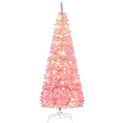 DOMETOUR Prelit Snow Flocked Pink Artificial Christmas Tree, Fake Christmas Tree Foldable Xmas Tree with LED Lights