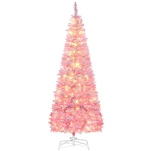 DOMETOUR Prelit Snow Flocked Pink Artificial Christmas Tree, Fake Christmas Tree Foldable Xmas Tree with LED Lights - 1 of 4