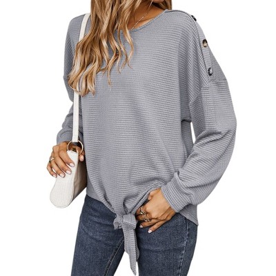 Anna-Kaci Women's Long Sleeve Waffle Knit Pullover Top with Shoulder Button Detail and Front Tie Hem