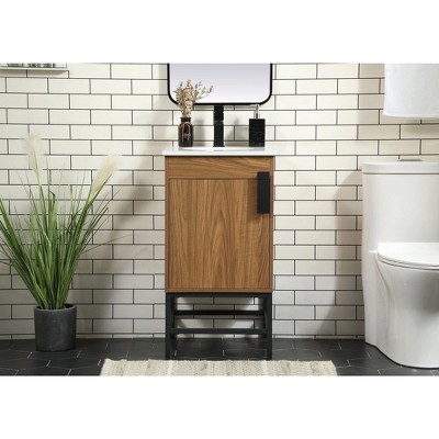 Walnut Brown Single Bathroom Vanity with Ivory Quartz Top