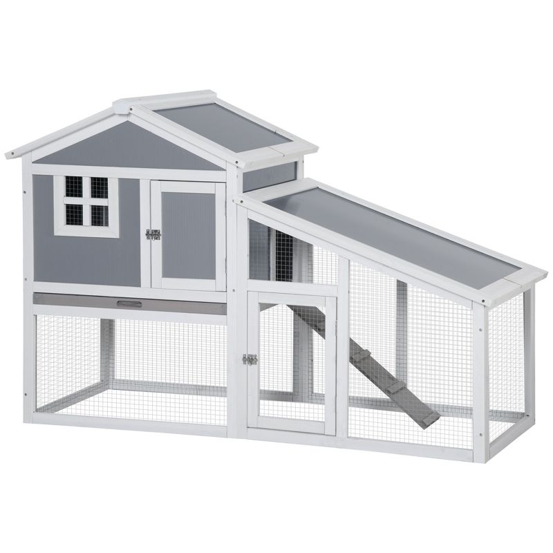 PawHut 59" Wooden Rabbit Hutch, 2 Tier Pet Playpen Bunny House Enclosure with Sunlight Panel Roof, Slide-out Tray for Rabbits and Small Animals, Gray, 1 of 8