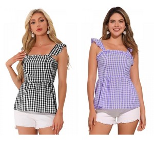 INSPIRE CHIC Women's Summer Square Neck Sleeveless Plaid Gingham Peplum Top 2 Packs - 1 of 4