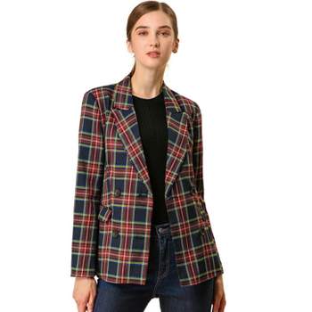 Allegra K Women's Casual Fit Notched Lapel Double Breasted Plaid Formal Blazer